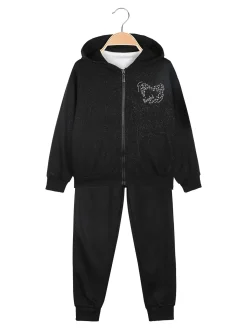 Yes! Do Kid'S Completo tuta 3 pezzi da bambina con felpa brillantinata e strass - nero