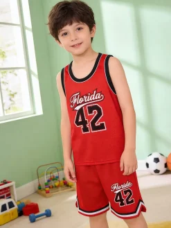 Yi Boy Completo corto da bambino con canotta sportiva e bermuda - rosso
