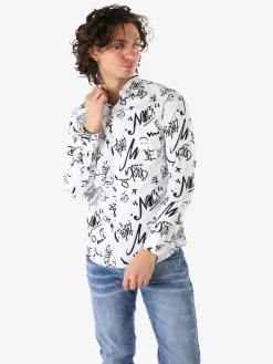 Y.Two Camicia da uomo in cotone a maniche lunghe con stampe - bianco