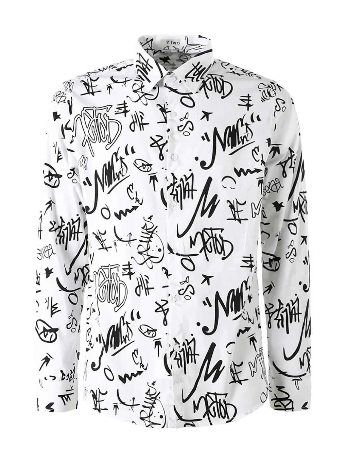 Y.Two Camicia da uomo in cotone a maniche lunghe con stampe - bianco