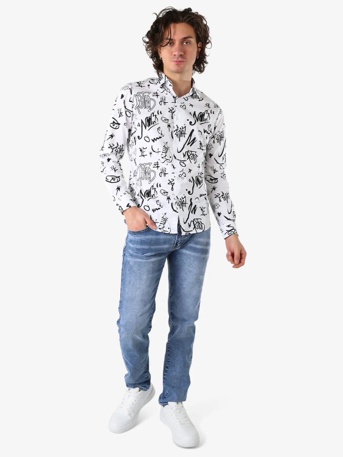 Y.Two Camicia da uomo in cotone a maniche lunghe con stampe - bianco