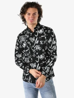 Y.Two Camicia da uomo in cotone a maniche lunghe con stampe - nero