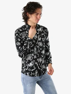 Y.Two Camicia da uomo in cotone a maniche lunghe con stampe - nero